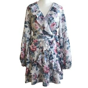Quiz‎ Dress Womens 8 Floral Ruffle Long Sleeves Tie Waist Lightweight